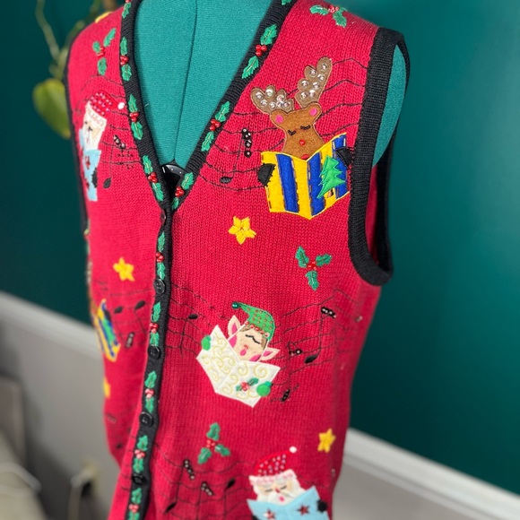 Vintage Festive Red Holiday Sweater Vest - Picture 3 of 7